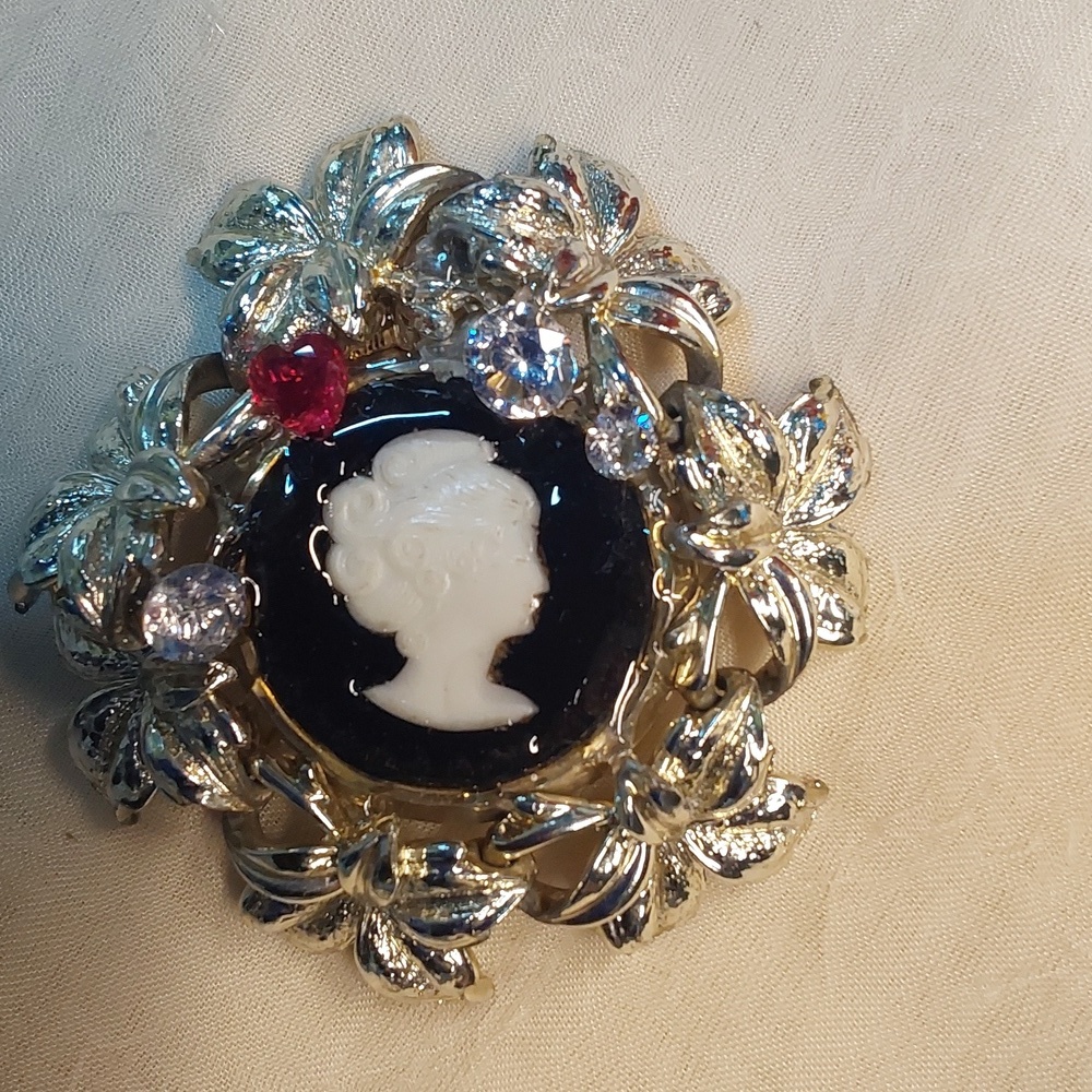 Pendent cameo silver tone with c z's And ruby heart